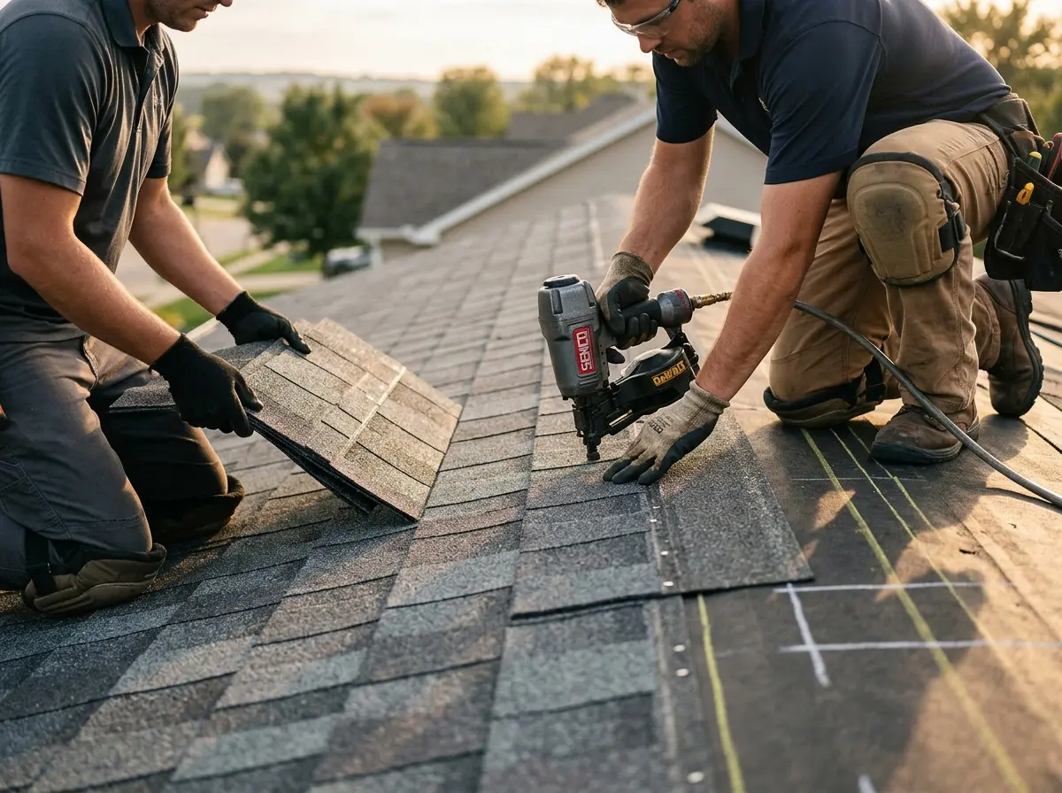 Professional roofer working on a residential roof in Easttown